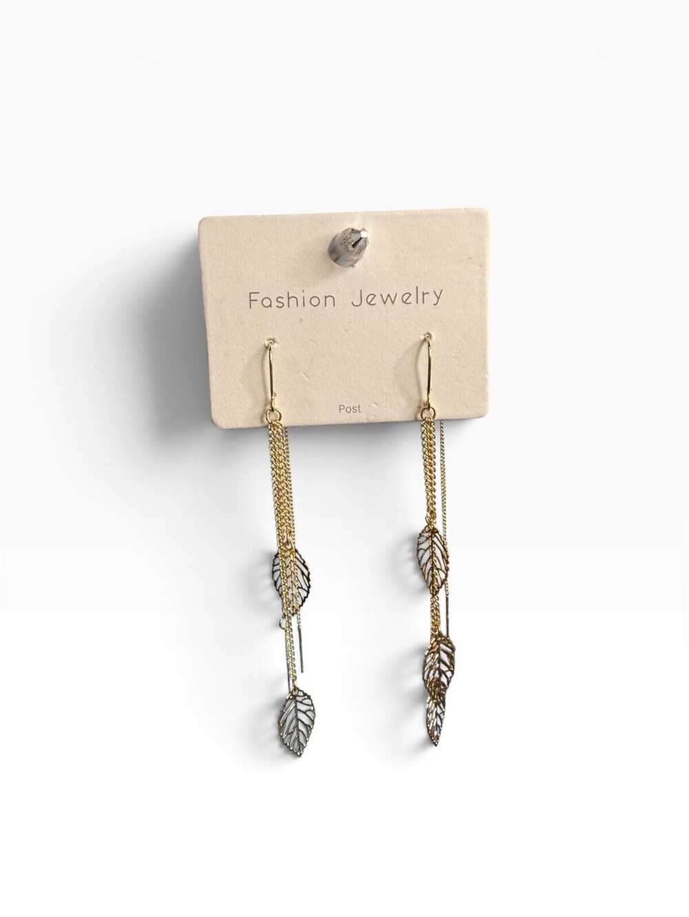 Gold Tone Leaf Chain Threader Earrings Long Boho Botanical Dangles